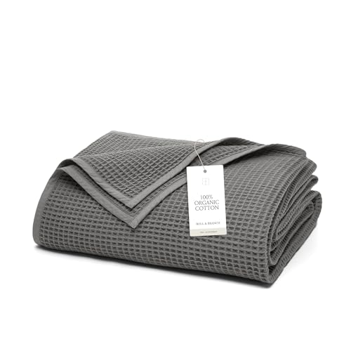 BOLL & BRANCH Waffle Bed Blanket - Full/Queen, Stone - Luxury 100% Organic Cotton - Soft, Lightweight and Breathable - Textured Waffle Weave Design