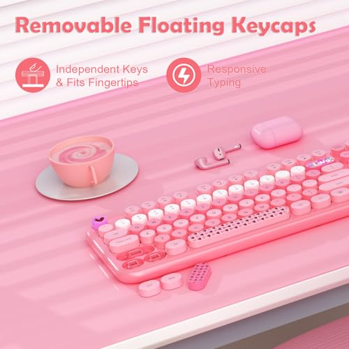 Image of Wireless Keyboard and Mouse,MOFII 104 Round Keys Lovely Full-Size Cute Colorful Keyboard and Mouse with Retro Typewriter for PC /Mac /Laptop /Tablet /Computer /Windows Pink