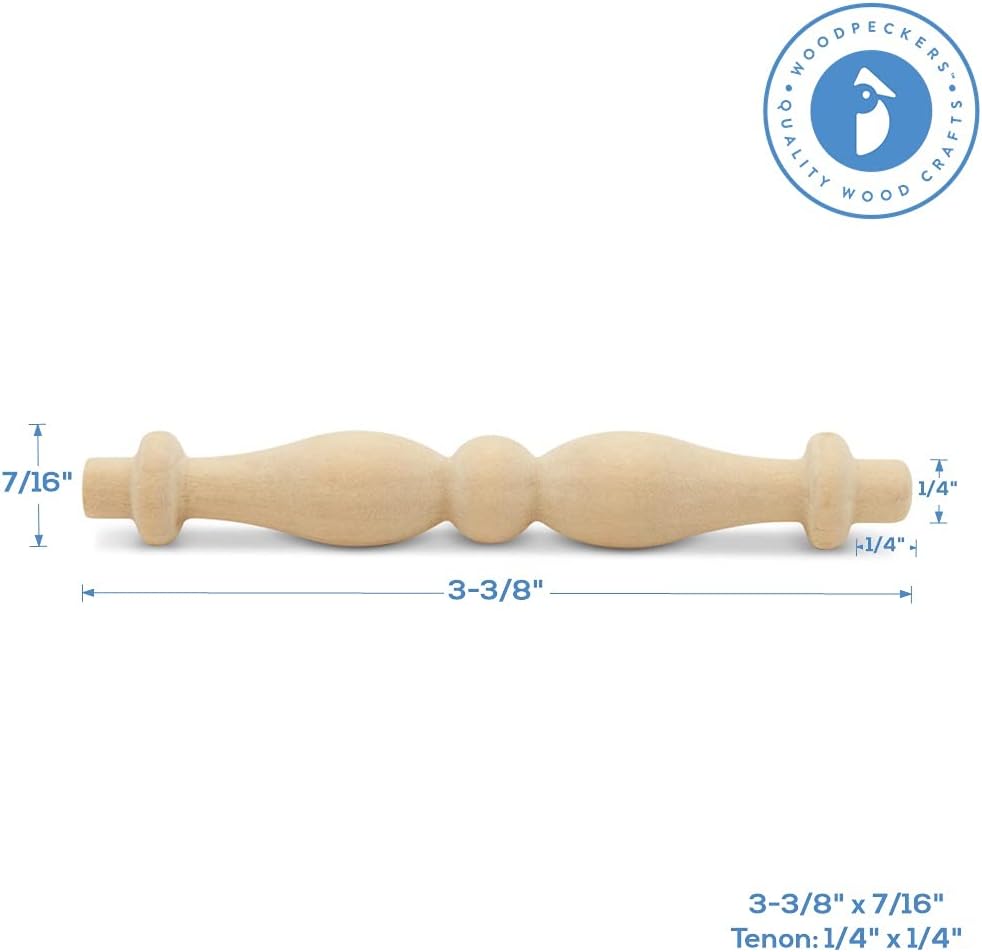 Wooden Baluster Spindles 3-3/8", Pack of 25 Wood Spindles for Crafts, Woodworking, and Furniture, by Woodpeckers