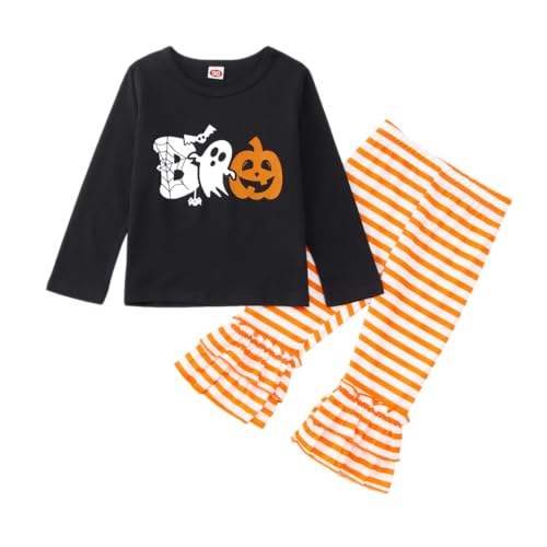Toddler baby Girl Halloween Outfit Cute Boo Ghost Pumpkin Long Sleeve Shirt Stripe Bell Bottom Pants Fall Clothes Set