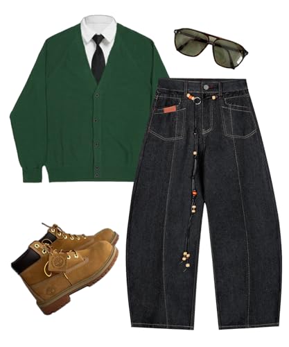 Unisex Barrel Jeans with Beaded Belt Retro Wide Leg Baggy Denim Pants Vintage Streetwear Style4