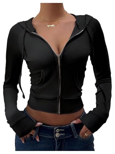 GORGLITTER Women's Cropped Zip Up Hoodie Lightweight Long Sleeve Open Front Crop Hooded Sweatshirts Streetwear Cropped Jacket