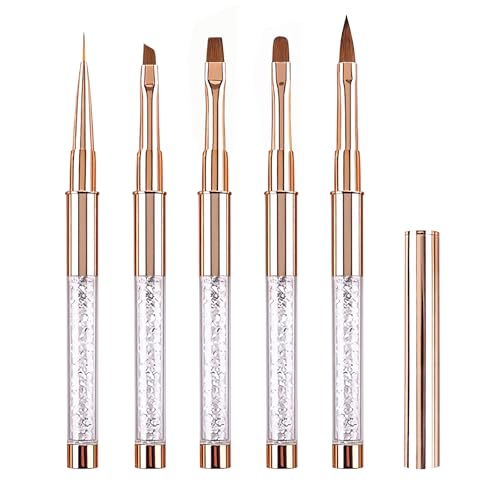 Pinceau Nail Art Ongles Gel Professionnel avec Capuchon Bouchon - LEA-SHALL 5 Pièces Pinceaux Fin Liner/Plat/Rond/Acrylique French pour Ongle Peinture Acrylique UV...