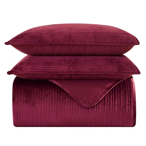 Elegant Comfort Luxury 3-Piece Velvet Corduroy Stripe Quilt Set, Ultra Soft Bedspread - Cozy Velvet Coverlet Set - 3PC Medium Weight Quilted Set with Matching Pillow Shams, Full, Burgundy