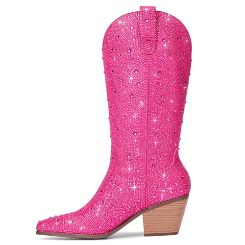 Image of Cowgirl Ankle Boots Cowboy Boots for Women Western Booties Rhinestone Chunky Heel Fashion Comfortable Side Zipper