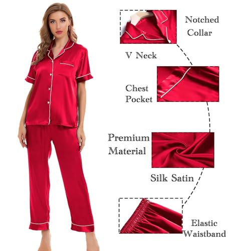 Image of SWOMOG Women Satin Pajamas Set Short Sleeve Top & Pants Sleepwear Silky Button Down Nightwear 2pcs Loungewear Pjs Set