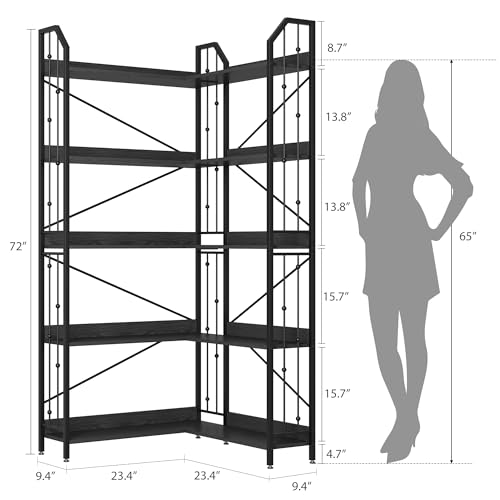 SLEKVERSA Industrial Corner Bookshelf 72", 5-Tier L-Shape Bookcase with Beaded Detail, Space-Saving Large Corner Shelf for Living Room, Bedroom, Office - image 2