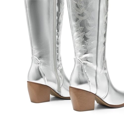 DREAM PAIRS Womens Cowboy Boots Wide Calf Comfortable Pull On Zipper Chunky Heel Pointed Toe Embroidered Western Cowgirl Knee High Boots Ladies Retro Tall Boot,Size 5.5,Metallic Silver,SDKB224W