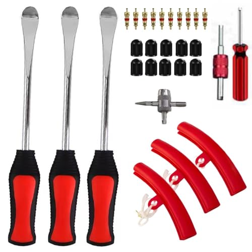 タイヤレバー リムーバー 3本セット, リムーバーツール, リムーバー バイク ロング バイク・自転車メンテナンス工具, バルブコア交換ツール付き 脱着 専用工具, 黒/赤