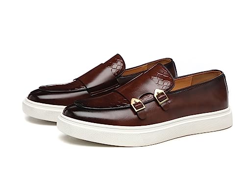 Santimon Men's Monk Strap Buckle Loafers Slip-on Flat Chunky Sole Casual Dress Shoes4