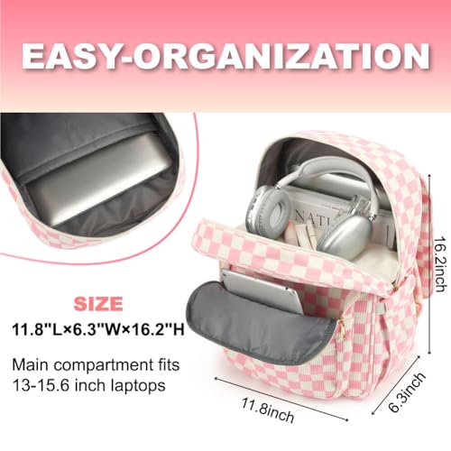 Image of Women Laptop Backpack, Corduroy 15.6 inch Travel Backpack for Work College Business, Teacher Nurse Bag with Large Capacity School Bookbag Bags for Girls - Checkered Pink