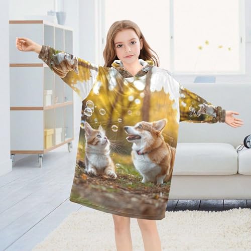 Tabby Cat Jumping Wearable Blanket for Kids Teens Girls Pullover Animal Toddler Boys Oversized Hoodie Sweatshirt3