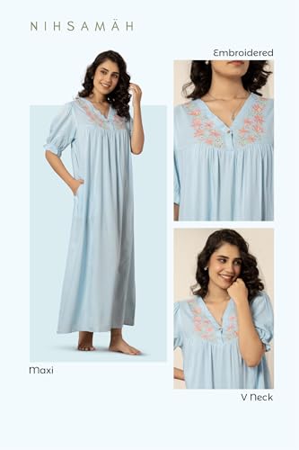 Image of NIHSAMAH Viscose Nighty for Women, Embroidered & Printed Stylish Night Gown, Long Sleeve Comfortable Sleepwear Long Nightwear, Maxi
