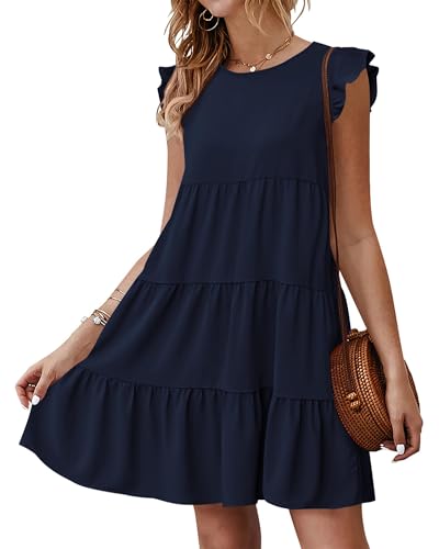 Image of KIRUNDO Summer Dresses for Women Sundress Sleeveless Ruffle Sleeve Round Neck Loose Short Flowy Pleated Mini Babydoll Dress