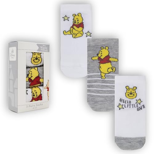 Disney Winnie l'ourson Chaussettes Mixte Bébé 3 Paires Coffret Cadeau Gris et Blanc, Gris et blanc, 12-24 mois