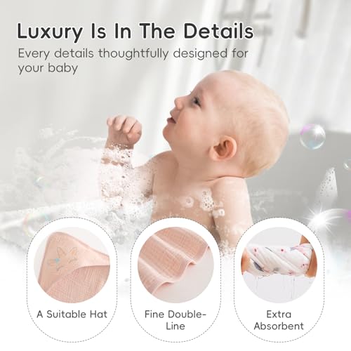 Image of PHF 100% Muslin Cotton Baby Hooded Towels, 2 Pack Bath Towel with Hood for Newborn, Infant, Toddler, Ultra Soft and Absorbent Baby Bath Essentials, Shower Gifts for Girls, 32x32Inch, Pink Floral