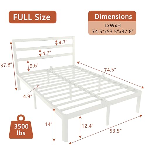 ZKQ 14 Inch Full Bed Frame with Headboard, White Metal Full Size Bed Frame, No Box Spring Need, Anti-Slip Gaskets, Noise-Free, Heavy Duty Steel Platform Support, Easy Assembly by ZKQ - Image 2