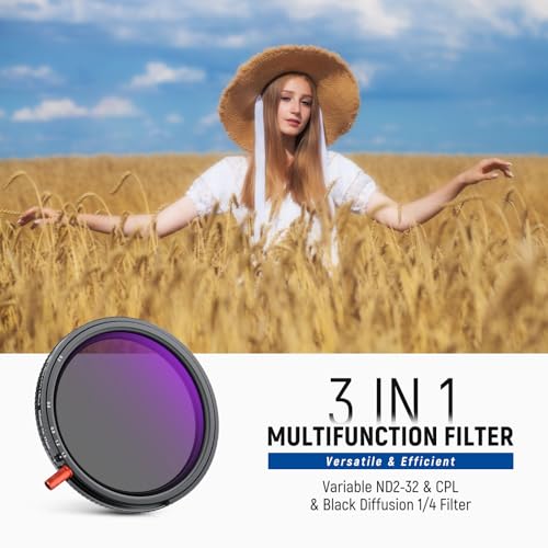 Image of NEEWER 77mm 3 in 1 Variable ND + CPL + Black Diffusion 1 /4 Filter for Mist Cinematic Effect, Camera Lens Neutral Density Circular Polarizing Multicoated HD Filter with Storage Case