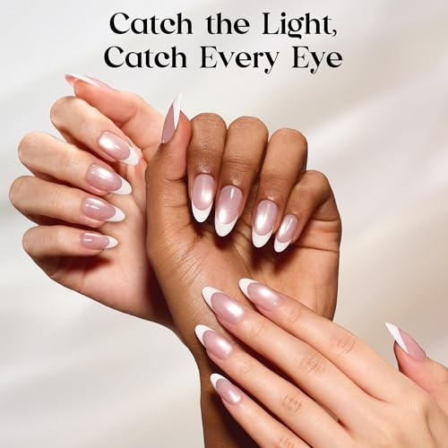 Image of Beetles French Tip Press On Nails 160Pcs Medium Almond Soft Nail Gel Tips | Cat Eye Pink Gel Painted Fake Nails, 16 Sizes for DIY Manicure Glassy Blush French
