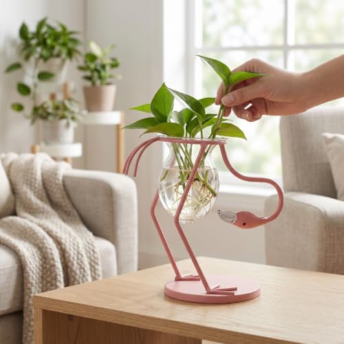 Florero de vidrio flamenco rosa para decorar espacios pequeños sin ensuciar 6