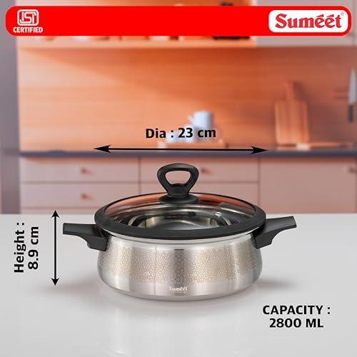 Image of Sumeet ISI Certified Stainless Steel Cook & Serve Designer Shallow Biryani Pot /Casserole with Glass Lid |Induction and Gas Compatible | Capacity - 2800ml -Dia - 23cm, Silver