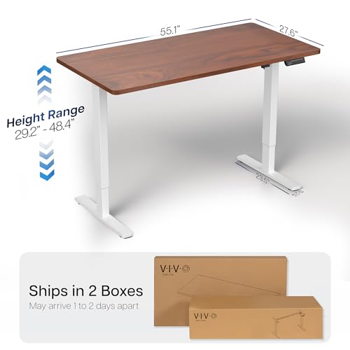 Image of VIVO Dark Walnut 55 x 28 in Standing Desk, DESK-KIT-1W55D | Electric, Holds 220 lbs, Sit Stand, Height Adjustable, Solid One-Piece Table Top, Memory Presets, 1B Series, White Frame