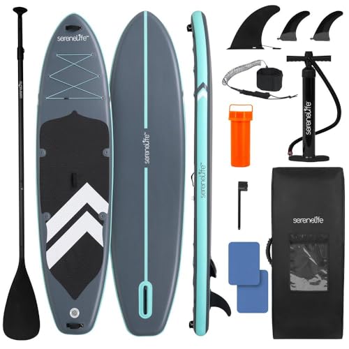 Image of SereneLife 10'6 inch Inflatable Stand Up Paddle Board with Premium SUP Accessories - 32 inch Wide Stable Design with Non-Slip EVA Deck Pad, for Youth and Adults, 350 lbs. Capacity
