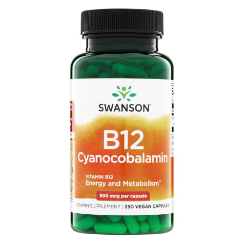 Swanson Vitamin B12 Cyanocobalamin Energy and Nervous System Supplement for Adults Seeking Metabolic and Heart Health Support - 500 mcg (250 Vegan Capsules)