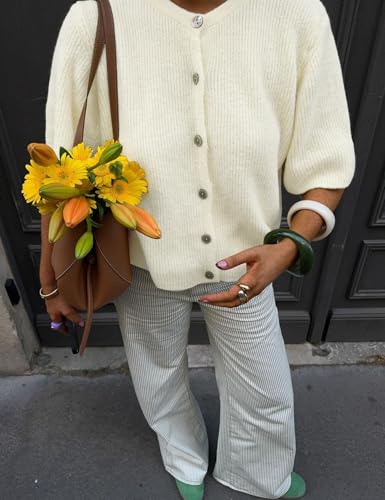 Image of Wyeysyt Womens Cropped Knitted Cardigan Y2K Short Sleeve Button Down Sweater Cardigan Shirt Casual Solid Color Ribbed Outwear