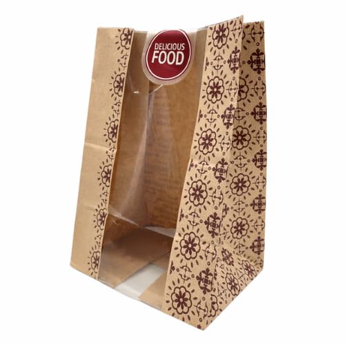 SALVI Bolsa Kraft con Ventana y Cierre Adhesivo “Delicious” – 19x14x27 cm – Bolsa Papel para Alimentos, Panadería, Repostería y Take Away - 250 Unidades