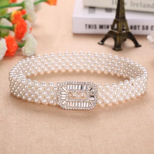 Women Waist Decoration Casual Metal Buckle Waistband Thin Waist Strap Elastic Pearl Belt Trouser Dress Belts