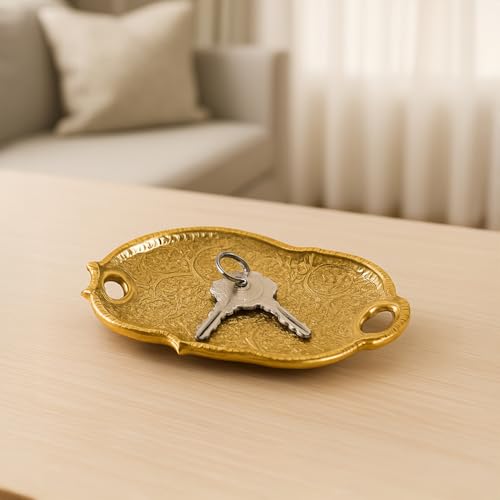 Image of MARKET 99 Golden Decorative Serving Tray | Glossy Aluminium Embossed Platter for Home Decor & Table Setting | Designer Centerpiece Tray for Dining, Coffee Table, Festive & Housewarming Gifting