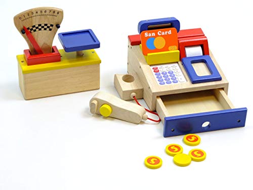 Unbekannt 2er Set Spielkasse und Kaufladen Waage aus Holz / Kasse mit integriertem Taschenrechner / Waage mit Gewichts… – Bild 3