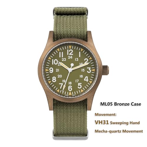 Image of Militado ML05 38mm VH31 Quartz Watch - Domed Sapphire Crystal Field Watch C3 Super Luminous Retro Sweep Wrist Watch for Men 100M Waterproof