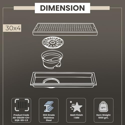 Image of EVANEX Bathroom Drainer | 30x4 Inch Linear Shower Drain Channel | Waste Water Linear Floor Drain | 304 Stainless Steel Bathroom Drainer with Anti Cockroach Trap | Bathroom Jali