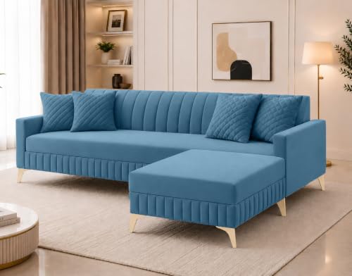 Image of AMATA Falcon 4 Seater L Shape Suede Velvet Fabric Sky Blue Colour Sofa Set with Two Cushions Perfect for Home Office Guests Living Room (Falcon Sky Blue, Falcon 4 Seater l Shape)(3 Year Warranty)