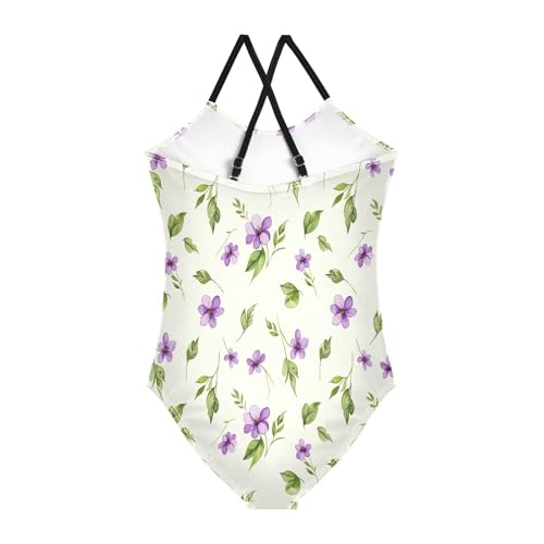 Purple Flowers Cream Girls' Athletic Swimwear, Summer Beach Bathing Suit, 3-102