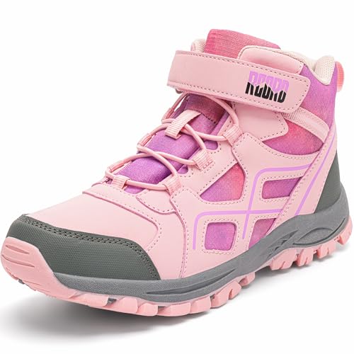 R CORD Kids Hiking Boots Waterproof Girls Hiking Boots Durable TPR Traction Outsole Girls Hiking Shoes Anti-Skid Athletic Hook and Loop Closure Kids Hiking Shoes for Outdoor