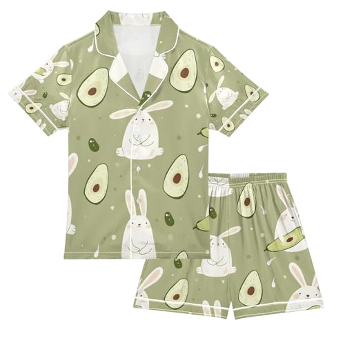 senya Rabbit and Avocado A Satin Summer Pajama Sets Silk Short Sleeve Button Down Sleepwear