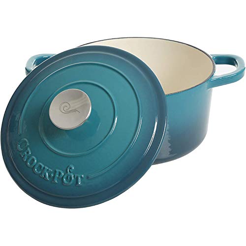 Image of Crock-Pot Artisan 3-Quart Round Enameled Cast Iron Dutch Oven - Gradient Teal, Durable Heavy-Duty Cookware for Slow Cooking, Roasting, Baking with Lid