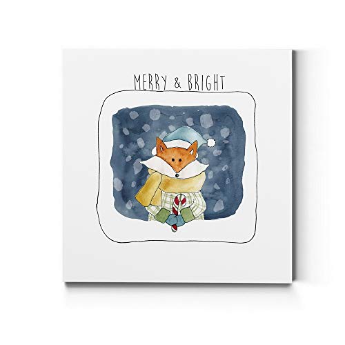 Renditions Gallery Abstract Animal Wall Art for Home Decor Christmas Fox holding Candy Cane in a Snow Canvas Hanging Artwork for Dining Living Room Kitchen Decorations - 32"X32" LT05