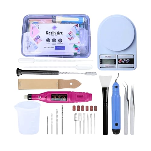 Image of R H LIFESTYLE 12 Pcs Epoxy Resin Art Tool Kit with Measuring Cup, Silicone Brush, Rotary Tool, Tweezers, Measuring Scale, Sand Paper, Deburr Handle, Hand Drill and Dropper DIY Resin Art Kit (Big)