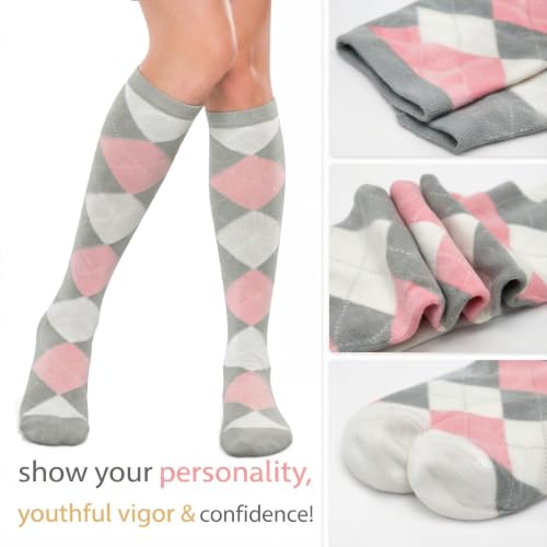 Image of Couver Women's Argyle Knee High Socks - Soft Acrylic Over the Calf Tube Style Socks for Casual Athletic - One Size