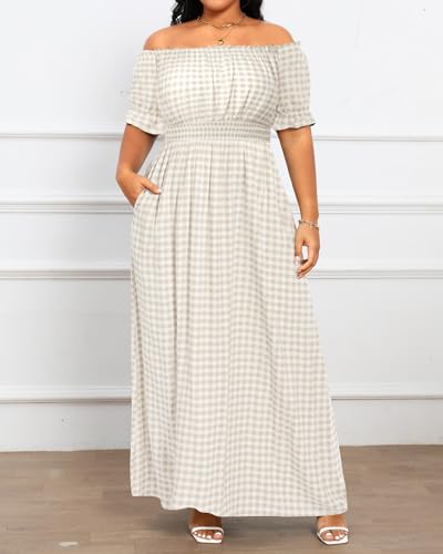 Image of Holipick Women's Off The Shoulder Boho Dress Plus Size Floral Smocked Waist Split Summer Maxi Sundress with Pockets