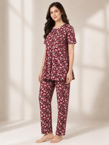 Image of KIAWAH Women Printed Night Suit Set, Cotton Blend Night Suit, A-Line Top and Pajama Set, Soft and Breathable Night Wear
