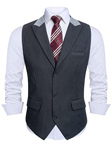 HISDERN Chaleco Traje Hombre de Vestir Elegante para Boda Fiesta Ceremonia Chalecos Hombres con Solapa Color en Contraste,XL,Gris oscuro