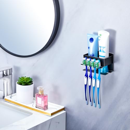 Image of Toothbrush Head Holders, Electric Tooth Brush Head Holder, Adhesive Toothpaste Holder for Shower Bathrooms, Wall Mounted Tooth Brushing Holder Organizer Storage (Black, Small)
