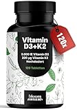 Vitamin D3 K2 hochdosiert – 120 Tabletten mit 5000 IE D3 & 200 µg K2 – 99,7+% All-Trans K2-MK7 - Vitamin D - produziert in Deutschland