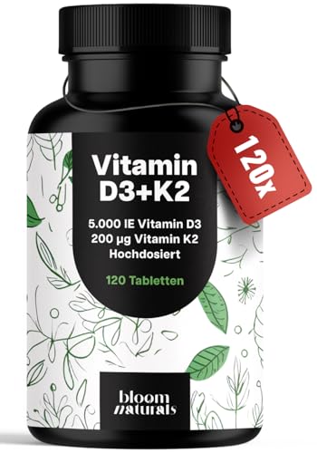 Vitamin D3 K2 hochdosiert – 120 Tabletten mit 5000 IE D3 & 200 µg K2 – 99,7+% All-Trans K2-MK7 - Vitamin D - produziert in Deutschland - Verpackung kann variieren