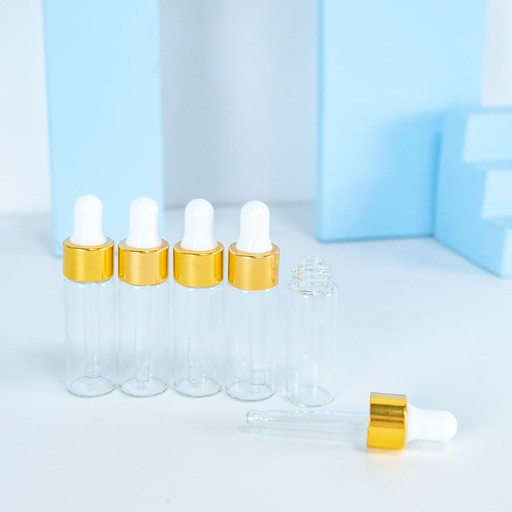 50 Pack Mini Transparent Glass Eye Dropper Bottles with Gold Cover, 5ml Clear Tincture Bottles-Leakproof Essential Oils Bottles